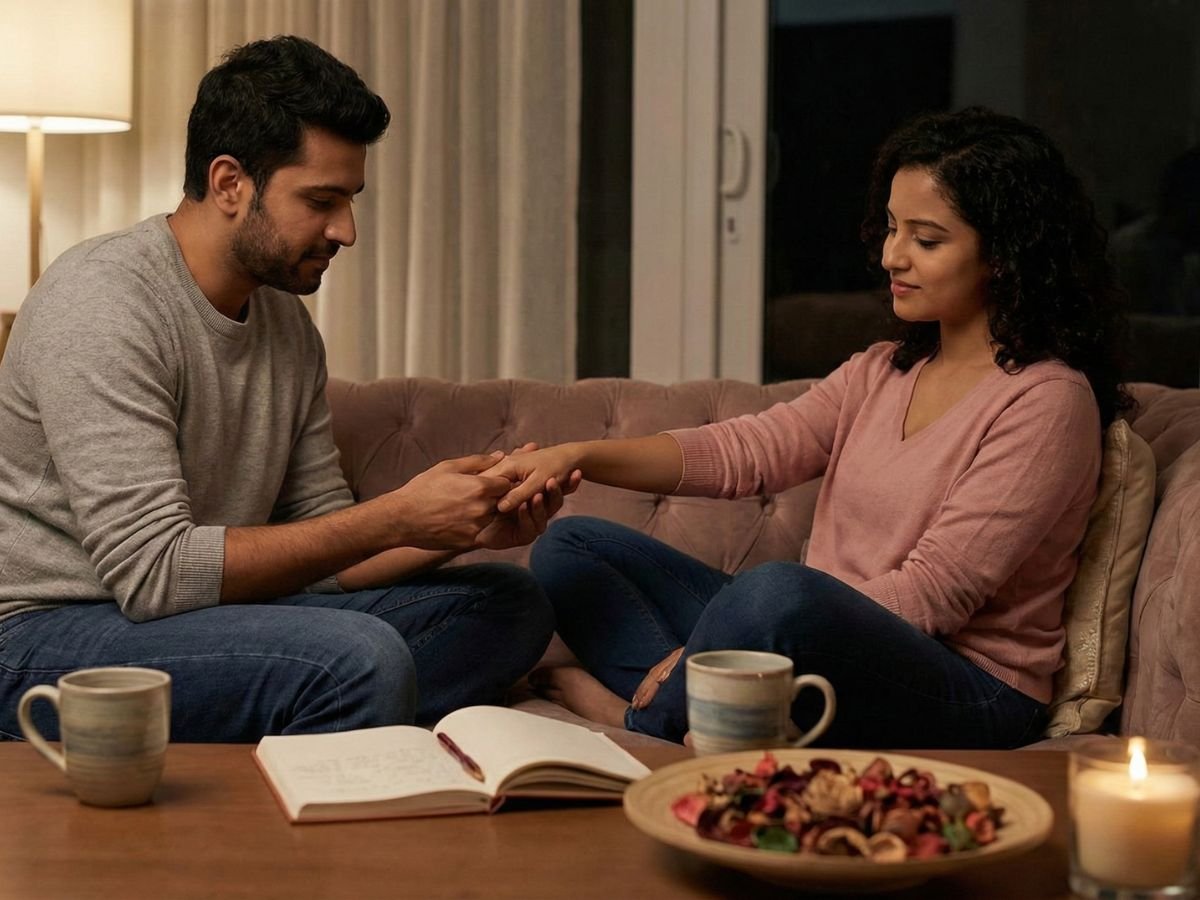 A couple holding hands on a sofa, sharing trust and emotional closeness that supports a Safe Mutual Climax
