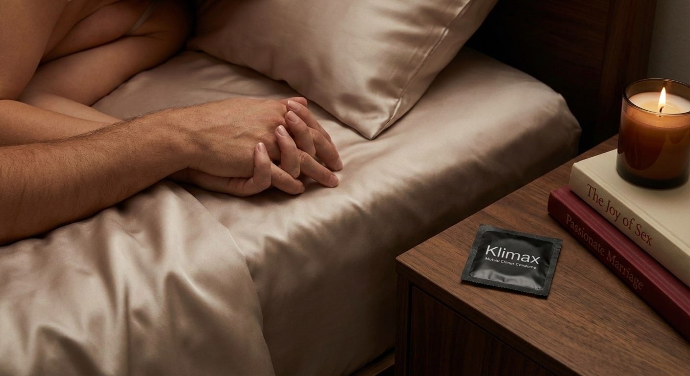 Couple holding hands in bed with a candle and relationship books, representing mutual climax intimacy, emotional connection, and shared romantic closeness.