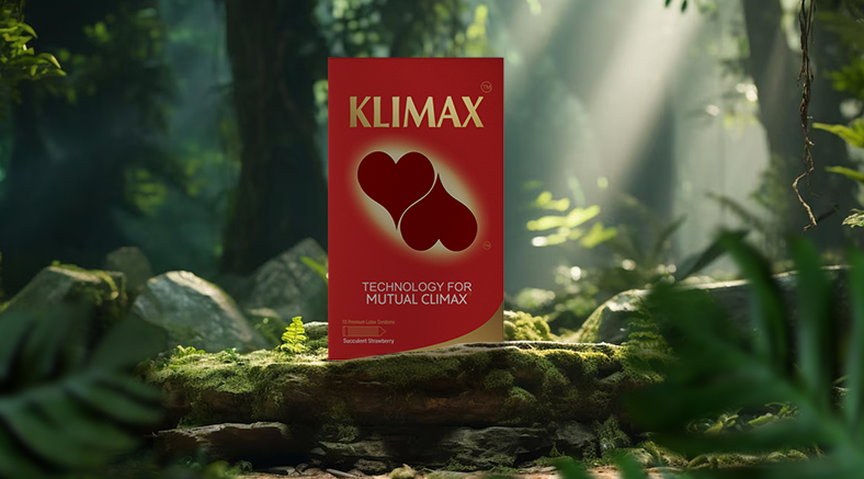 Klimax condom pack displayed in a lush forest setting highlighting technology for Mutual Climax