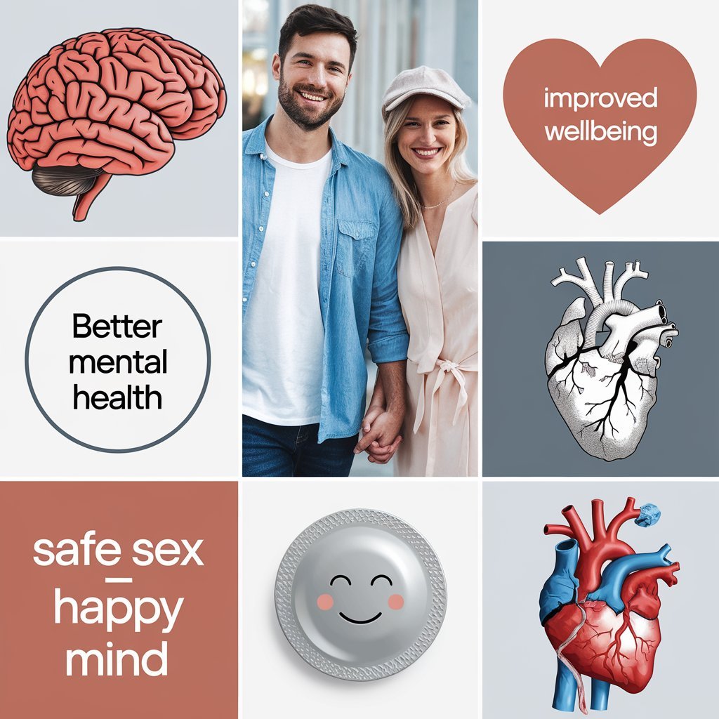Collage showing a happy couple and symbols of mental and emotional health, highlighting how safe intimacy supports wellbeing and Mutual Climax
