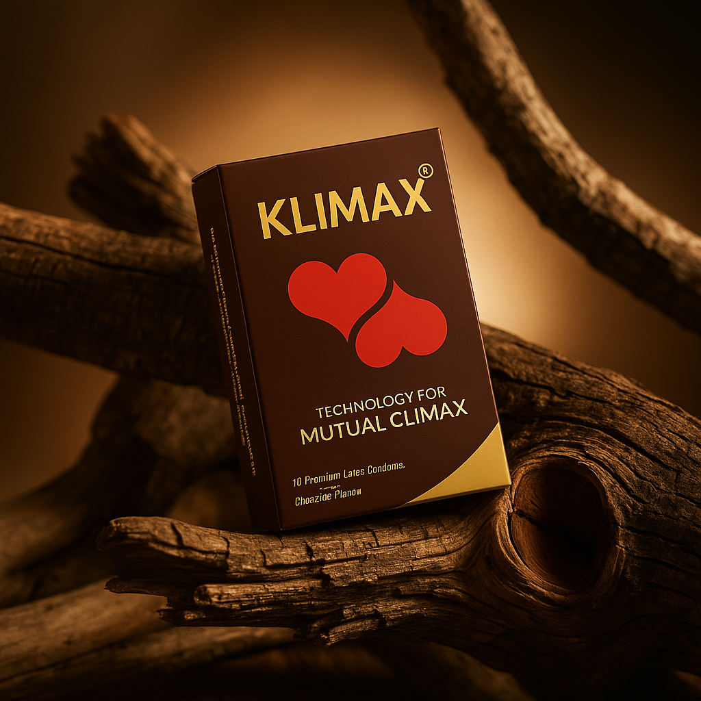 Klimax condom pack displayed on wooden branches, highlighting Mutual Climax technology