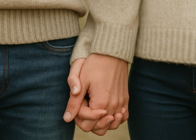 Close-up of a couple holding hands, symbolizing connection and intimacy related to Mutual Climax.
