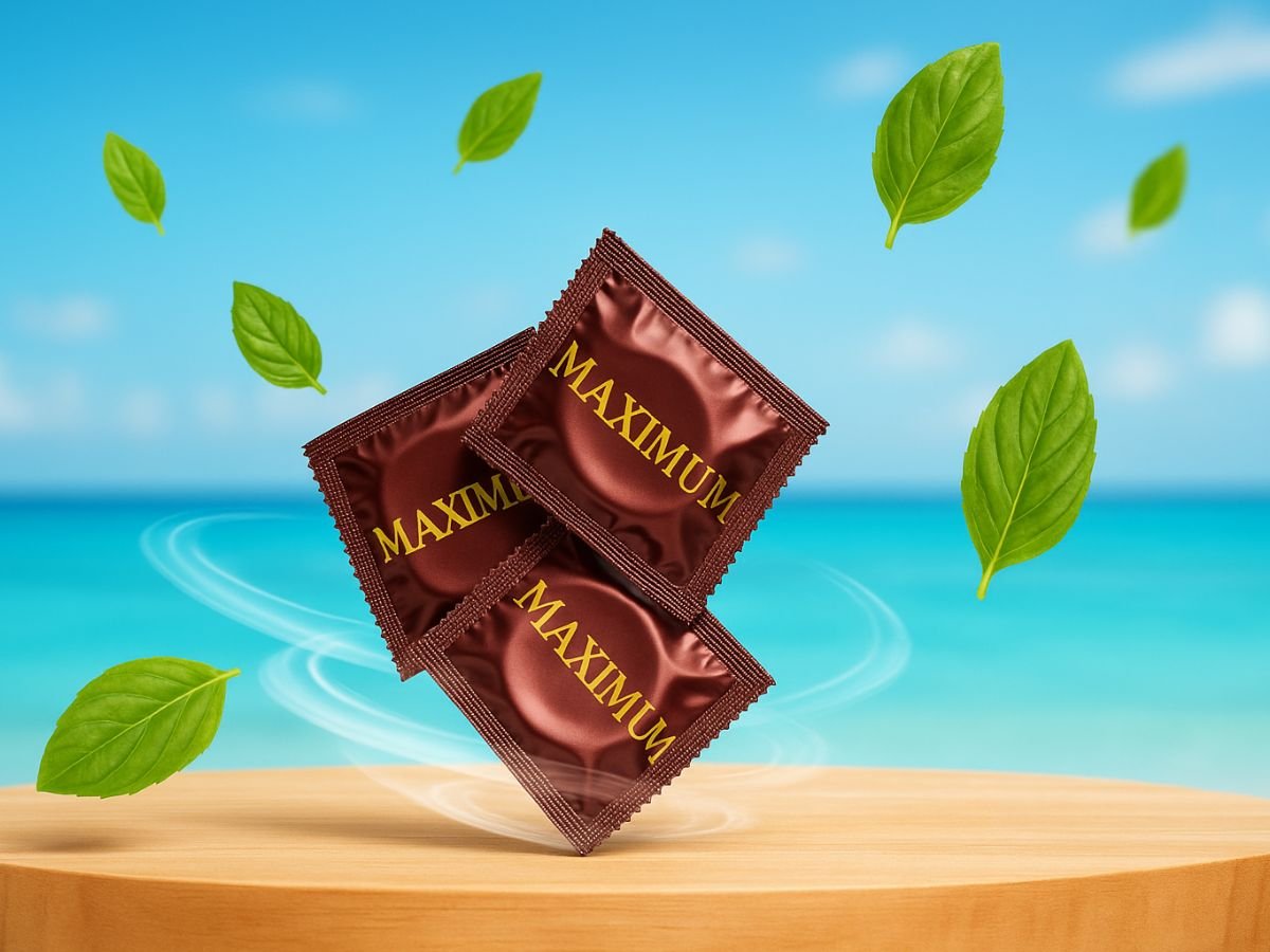 Maximum condom packs against a breezy beach backdrop promoting Mutual Climax