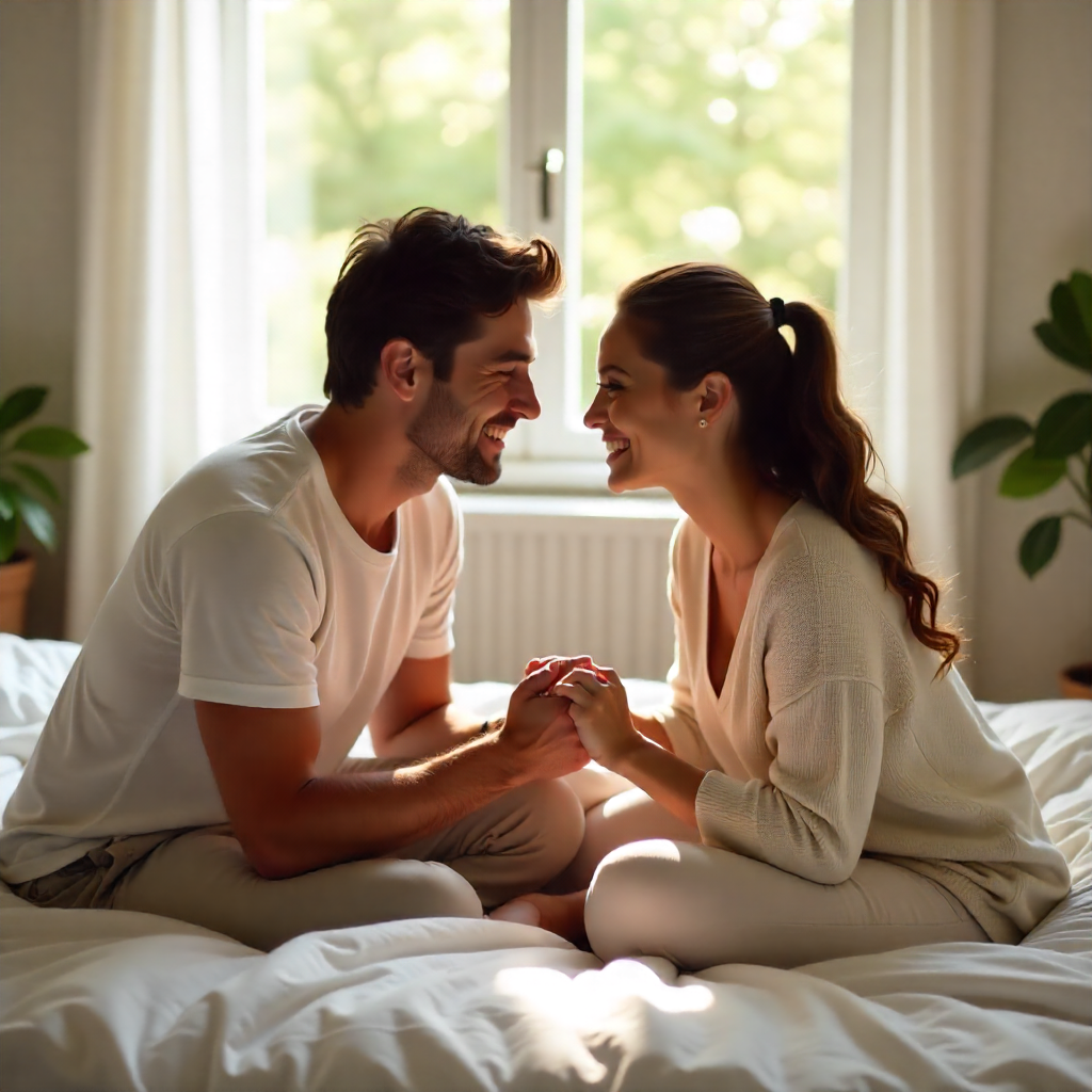 A couple holding hands on a bed, engaging in gentle foreplay toward a Safe mutual climax.