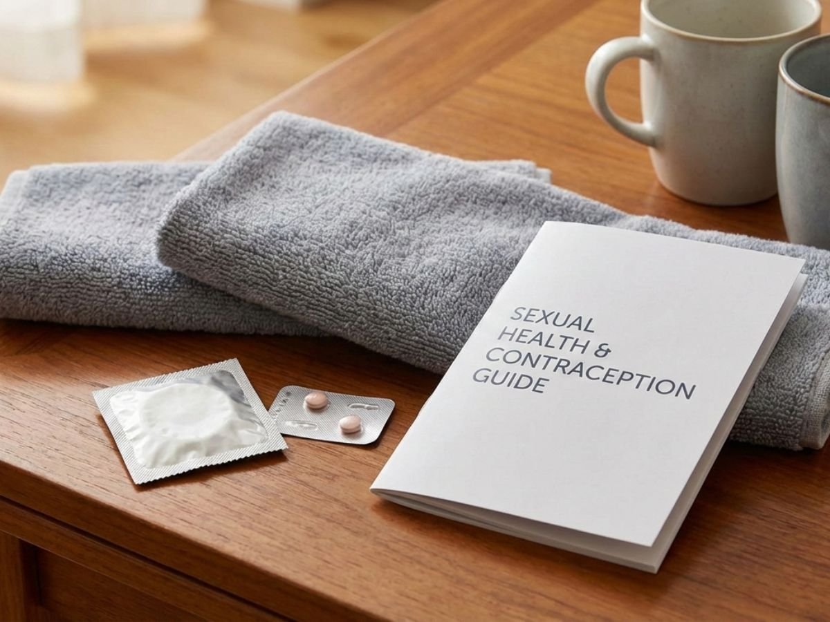 A close-up of a wooden table displaying a 'Sexual Health & Contraception Guide' booklet next to a mutual climax condom wrapper, contraceptive pills.